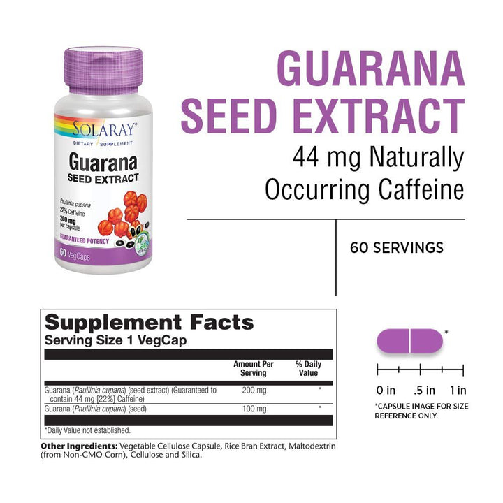 SOLARAY Guarana Seed Extract 300mg | 44 mg of Caffeine | Healthy Energy, Focus, Memory &amp; Metabolism Support | 60 VegCaps - Supplement Facts panel