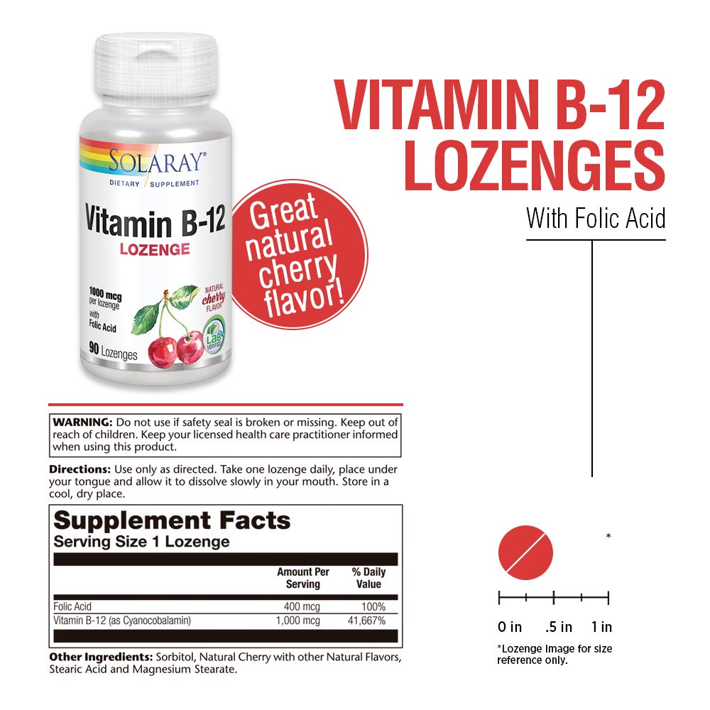 SOLARAY Vitamin B-12 1000mcg Lozenges with Folic Acid | Natural Cherry Flavor | Healthy Energy Support | 90CT - Supplement Facts panel