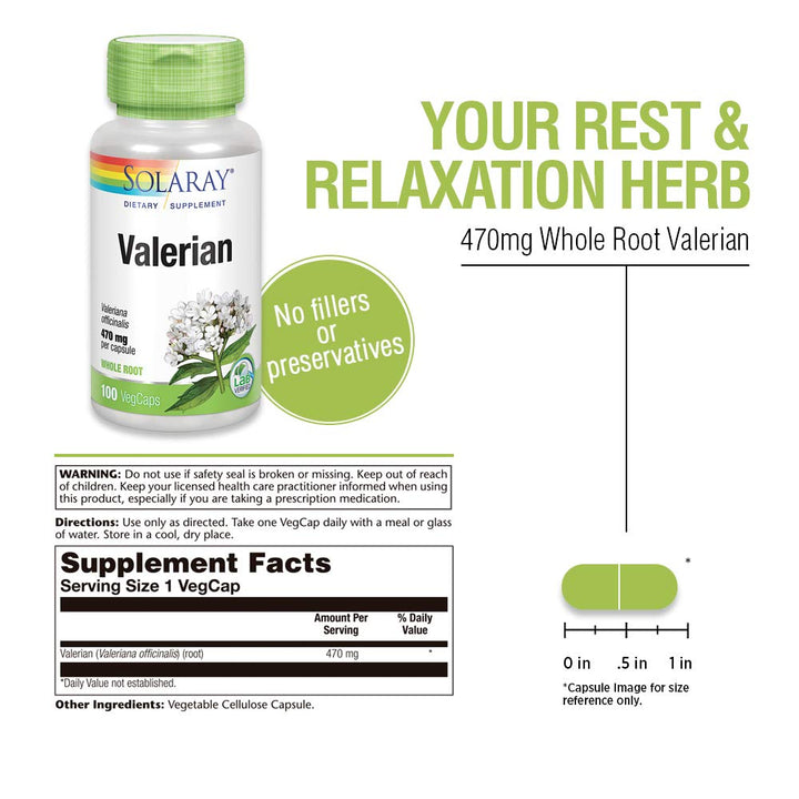 SOLARAY Valerian 470mg | Relaxation Support (100 CT) - Supplement Facts panel