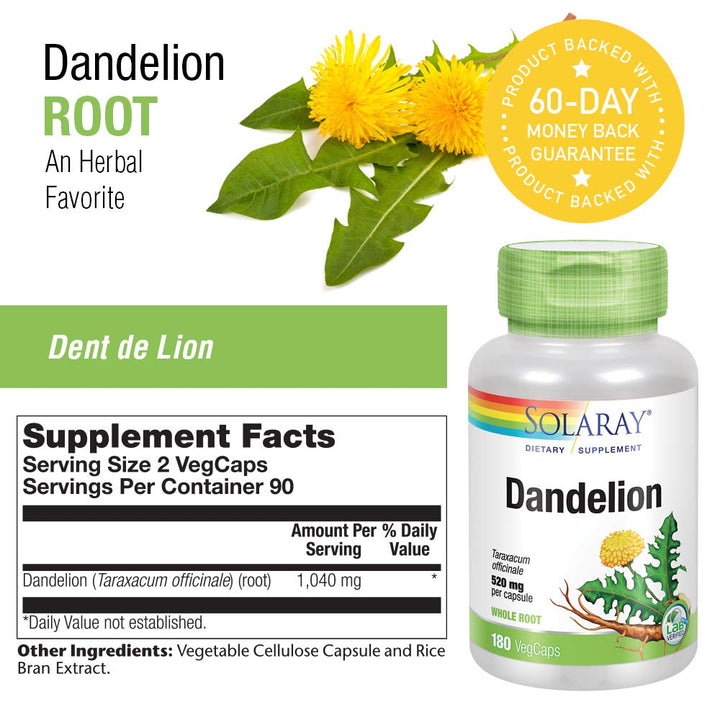 SOLARAY Dandelion Root 1040mg | Healthy Liver, Kidney, Digestion &amp; Water Balance Support | Whole Root | Non-GMO, Vegan &amp; Lab Verified | 180 VegCaps - Supplement Facts panel