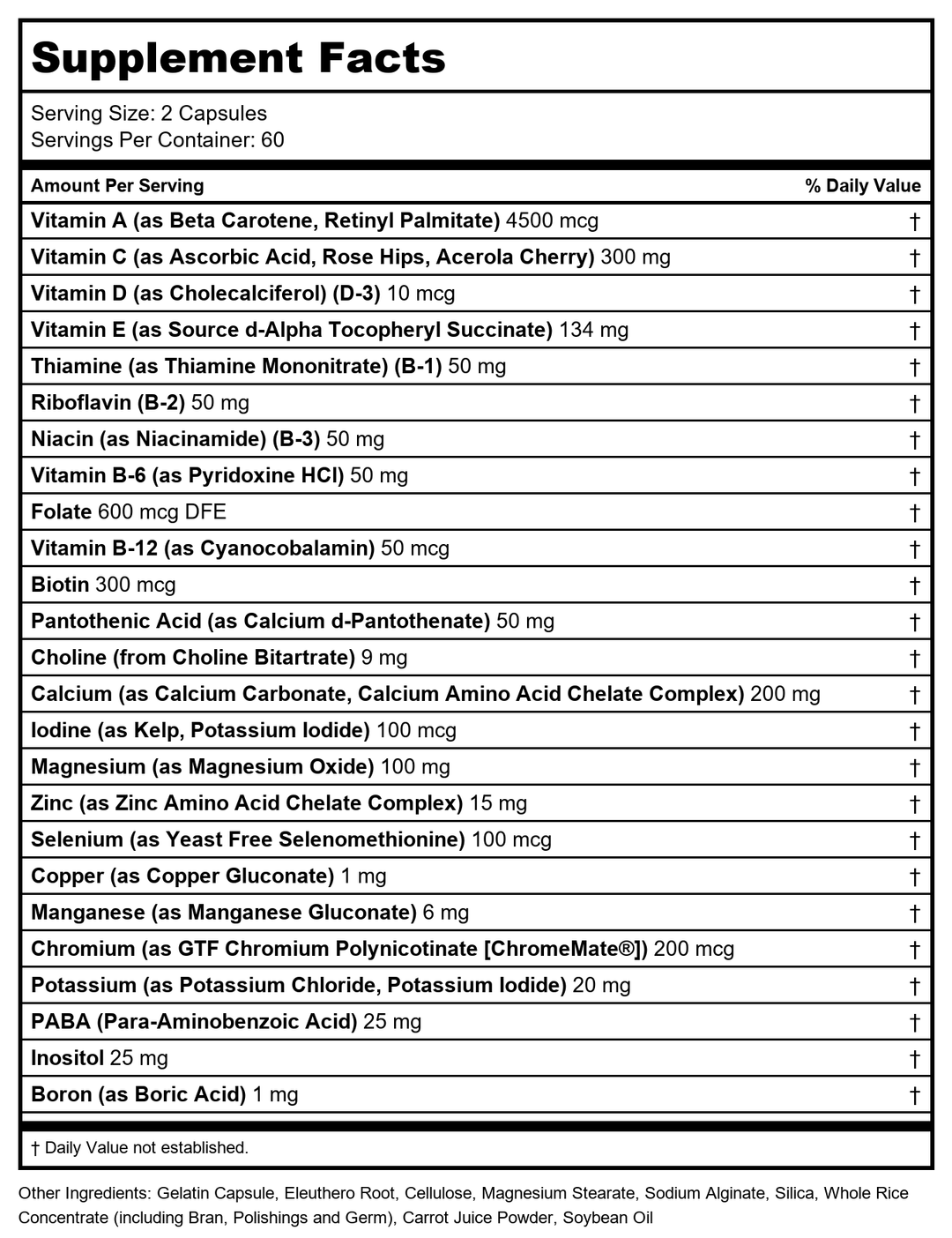Solaray Twice Daily Multi Energy Multivitamin, Iron Free | Complete Multi for Immune and Energy Support | Non-GMO (60) - Supplement Facts panel