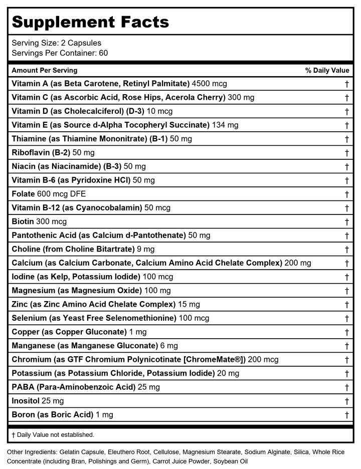 Solaray Twice Daily Multi Energy Multivitamin, Iron Free | Complete Multi for Immune and Energy Support | Non-GMO (60) - Supplement Facts panel