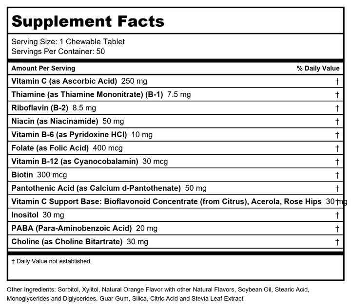 Solaray Vitamin B-Complex 250mg Natural Orange Flavor | Healthy Hair, Skin, Immune Function &amp; Metabolism Support | Lab Verified | 50 Chewables - Supplement Facts panel
