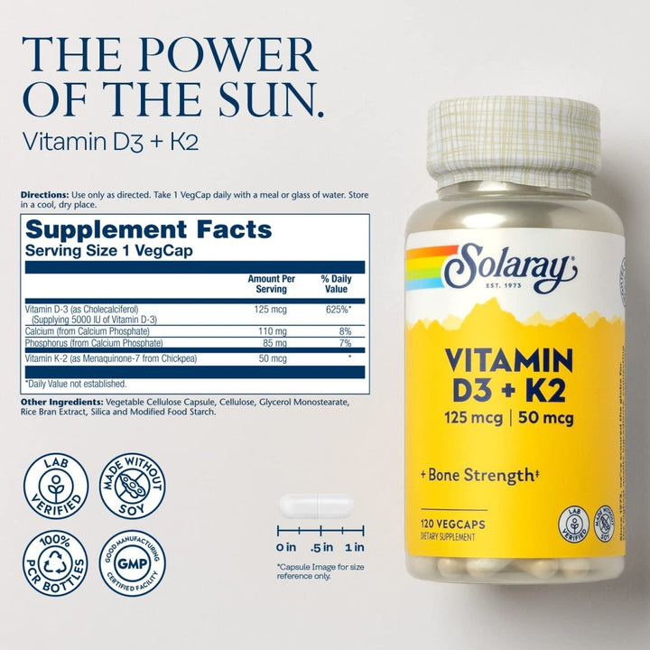 SOLARAY Vitamin D3 + K2, D &amp; K Vitamins for Calcium Absorption and Support for Healthy Cardiovascular System &amp; Arteries, Non-GMO &amp; No Soy (120 Servings, 120 VegCaps) - Supplement Facts panel
