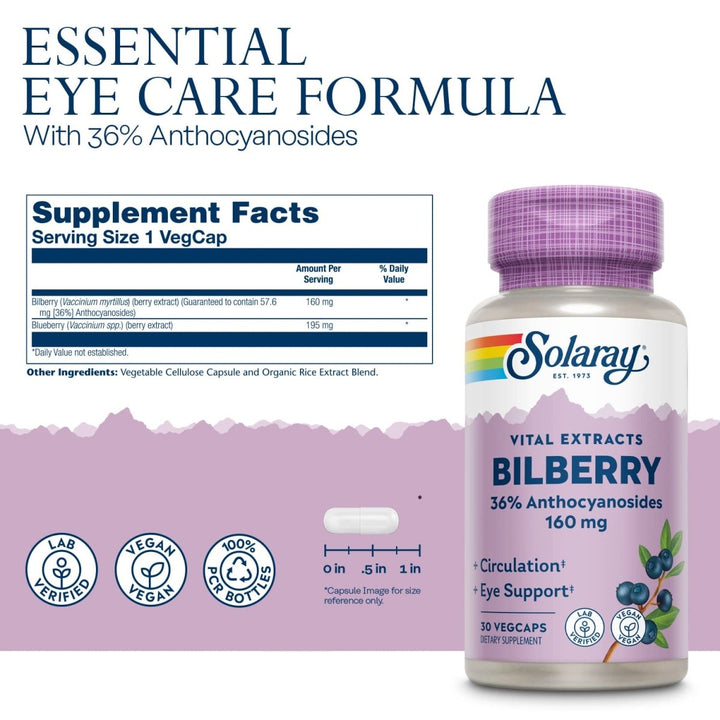 SOLARAY Bilberry Extract 160 mg VegCaps | Eye Health &amp; Circulation Support | 36% Anthocyanosides with Blueberry | Vegan | 30 Count - Supplement Facts panel