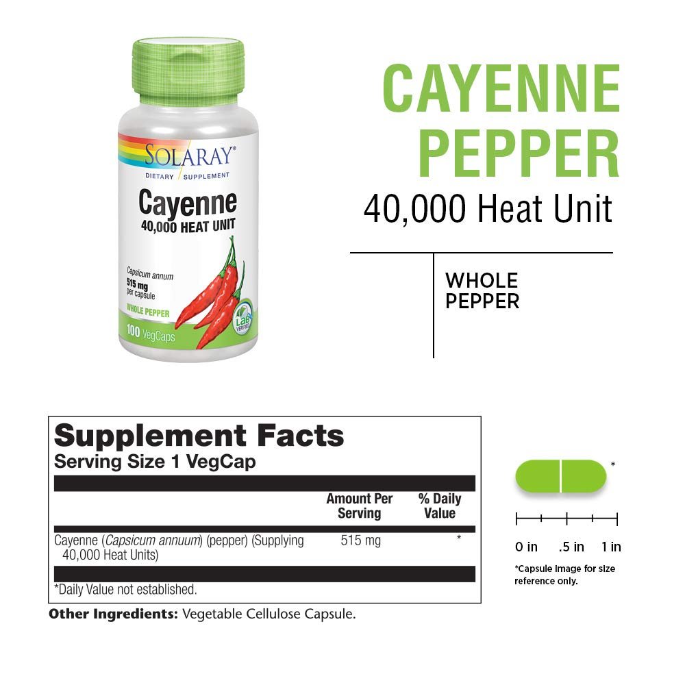 SOLARAY Cayenne Pepper 515 mg | 40,000 Heat Unit | Healthy Digestion, Circulation, Metabolism &amp; Cardiovascular Support | Non-GMO | 100 VegCaps - Supplement Facts panel