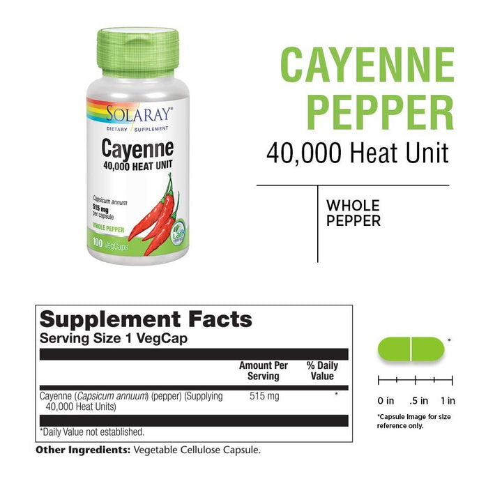 SOLARAY Cayenne Pepper 515 mg | 40,000 Heat Unit | Healthy Digestion, Circulation, Metabolism &amp; Cardiovascular Support | Non-GMO | 100 VegCaps - Supplement Facts panel