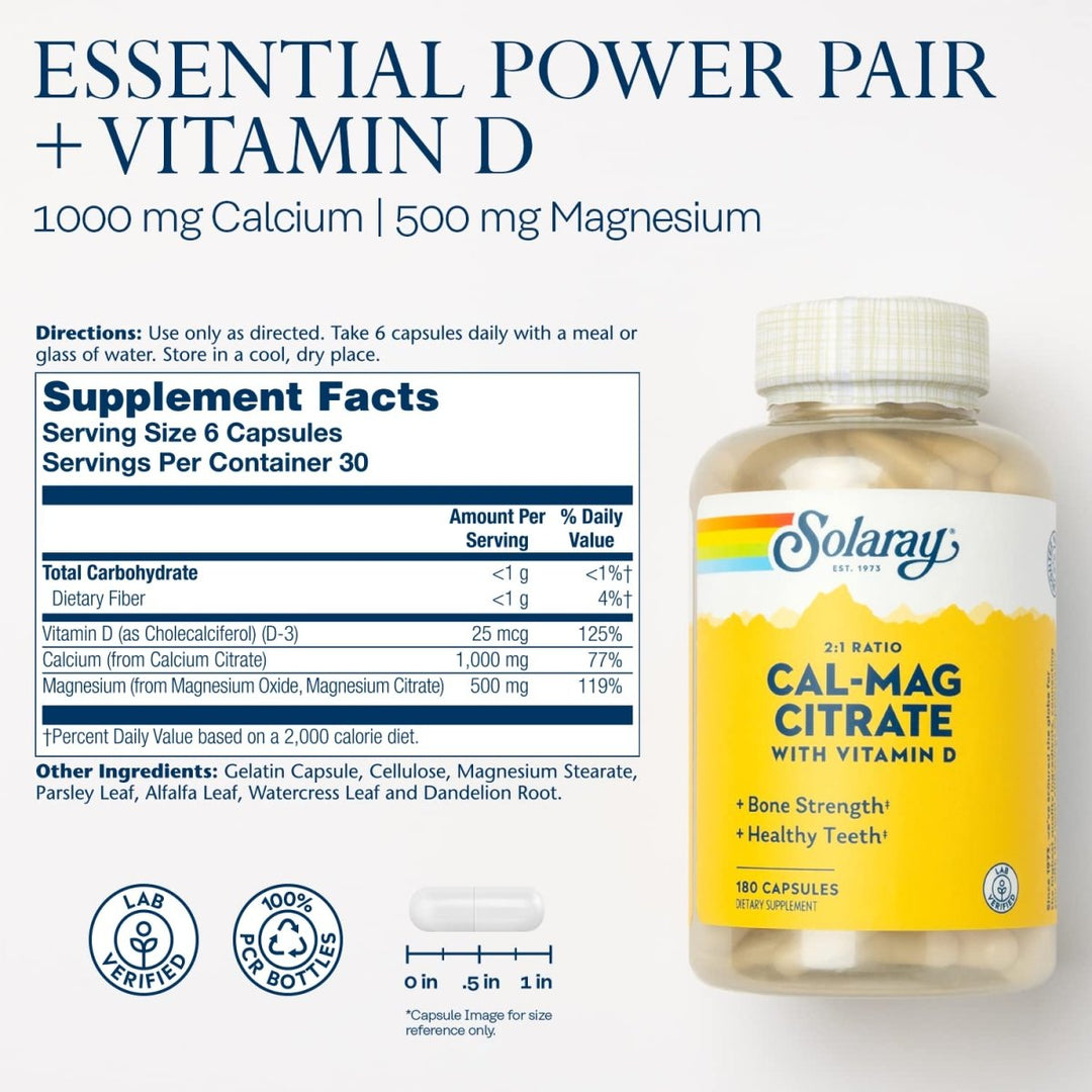 SOLARAY Calcium &amp; Magnesium Citrate 2:1 Ratio w/Vitamin D-3, Healthy Bones, Muscle &amp; Nervous System Support, High Absorption 180 Capsules - Supplement Facts panel
