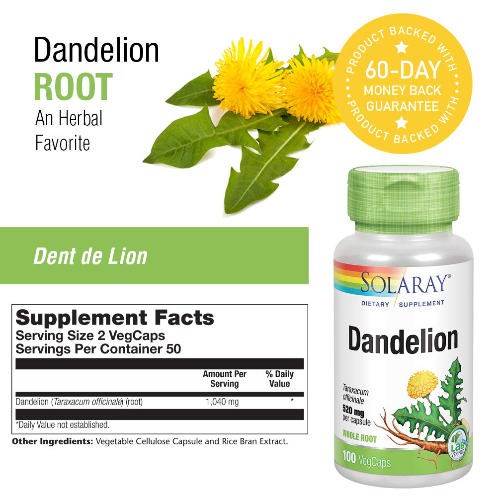 SOLARAY Dandelion Root 1040mg | Healthy Liver, Kidney, Digestion &amp; Water Balance Support | Whole Root | Non-GMO, Vegan &amp; Lab Verified | 100 VegCaps - Supplement Facts panel
