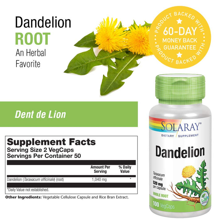 SOLARAY Dandelion Root 1040mg | Healthy Liver, Kidney, Digestion &amp; Water Balance Support | Whole Root | Non-GMO, Vegan &amp; Lab Verified | 100 VegCaps - Supplement Facts panel