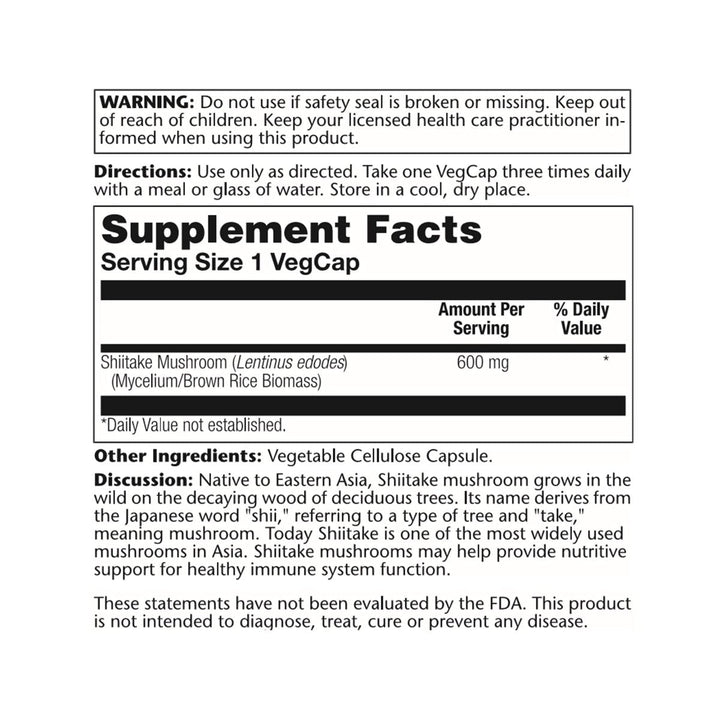 SOLARAY Shiitake Mushroom 600 mg | 100 Count - Supplement Facts panel