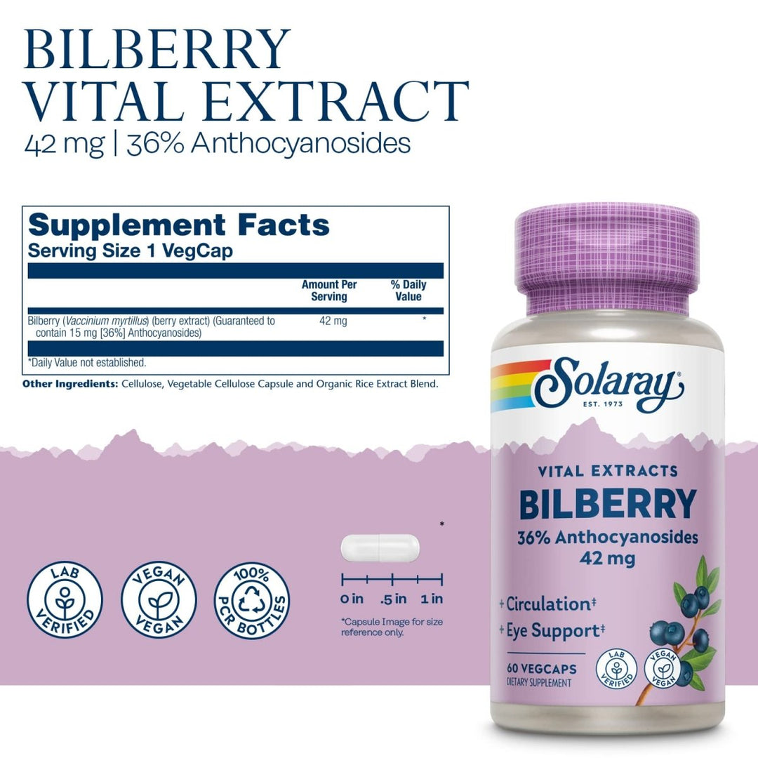 SOLARAY Bilberry Berry Extract 42 mg, Eye Health &amp; Circulation Support, with 36% Anthocyanosides, Vegan, 60 VegCaps - Supplement Facts panel