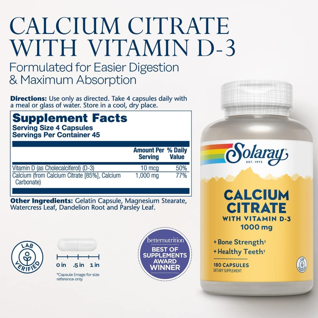 Solaray Calcium Citrate with Vitamin D-3 1000mg | for Healthy Bones &amp; Teeth, Cardiovascular, Muscle &amp; Nerve Function | Enhanced Absorption | 180 Ct - Supplement Facts panel