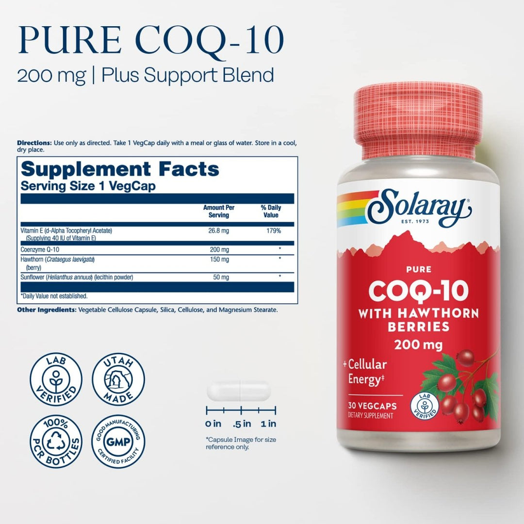 SOLARAY Pure CoQ-10 200 mg | Healthy Heart Function &amp; Cellular Energy Support | Enhanced with Herb Blend | 30 VegCaps   26169 - Supplement Facts panel