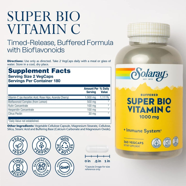 SOLARAY Super Bio C Buffered Vitamin C w/Bioflavonoids, Timed-Release Formula for All-Day Immune Support, Gentle Digestion, 1000mg, 360 Ct. - Supplement Facts panel