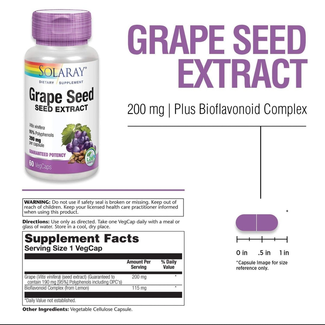 SOLARAY Grape Seed Extract 200 mg Plus Bioflavonoid Complex - 60 VegCaps - Healthy Cardiovascular &amp; Blood Vessel Support - Supplement Facts panel