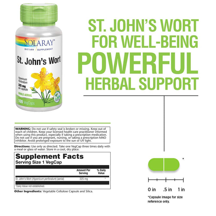 SOLARAY St Johns Wort 325mg Whole Aerial | Mood &amp; Brain Health Support | Non-GMO, Vegan Lab Verified (100 CT) - Supplement Facts panel