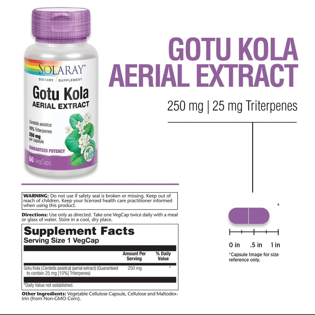 Solaray Gotu Kola Aerial Extract 250mg - 60 VegCaps - Supplement Facts panel