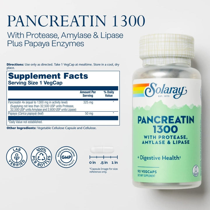 SOLARAY Pancreatin 1300 | Pancreatic Digestive Enzymes Plus Papaya for Healthy Digestion Support | 90 VegCaps, 90 Serv. - Supplement Facts panel