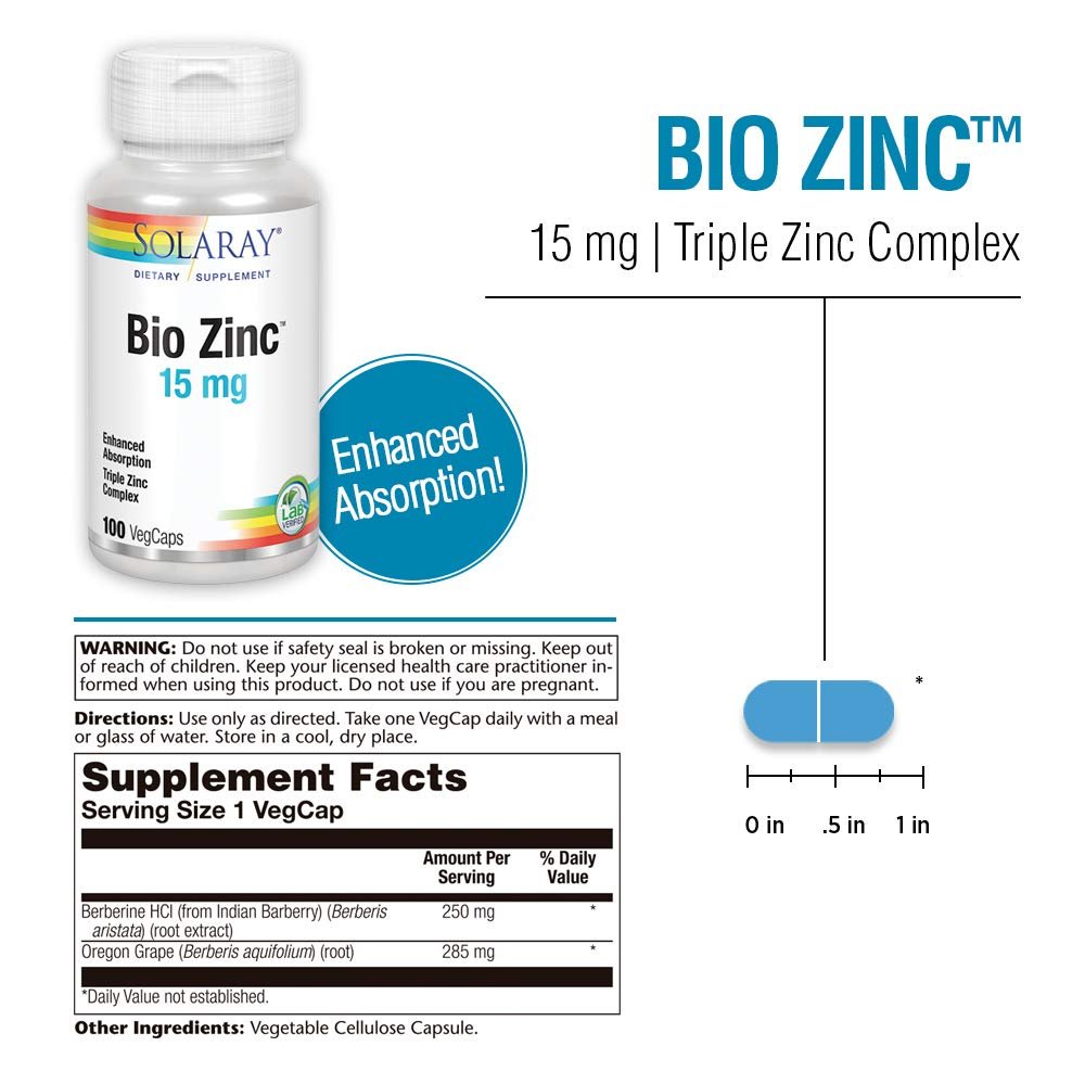 Solaray Bio Zinc 15 mg | 100 VegCaps - Supplement Facts panel