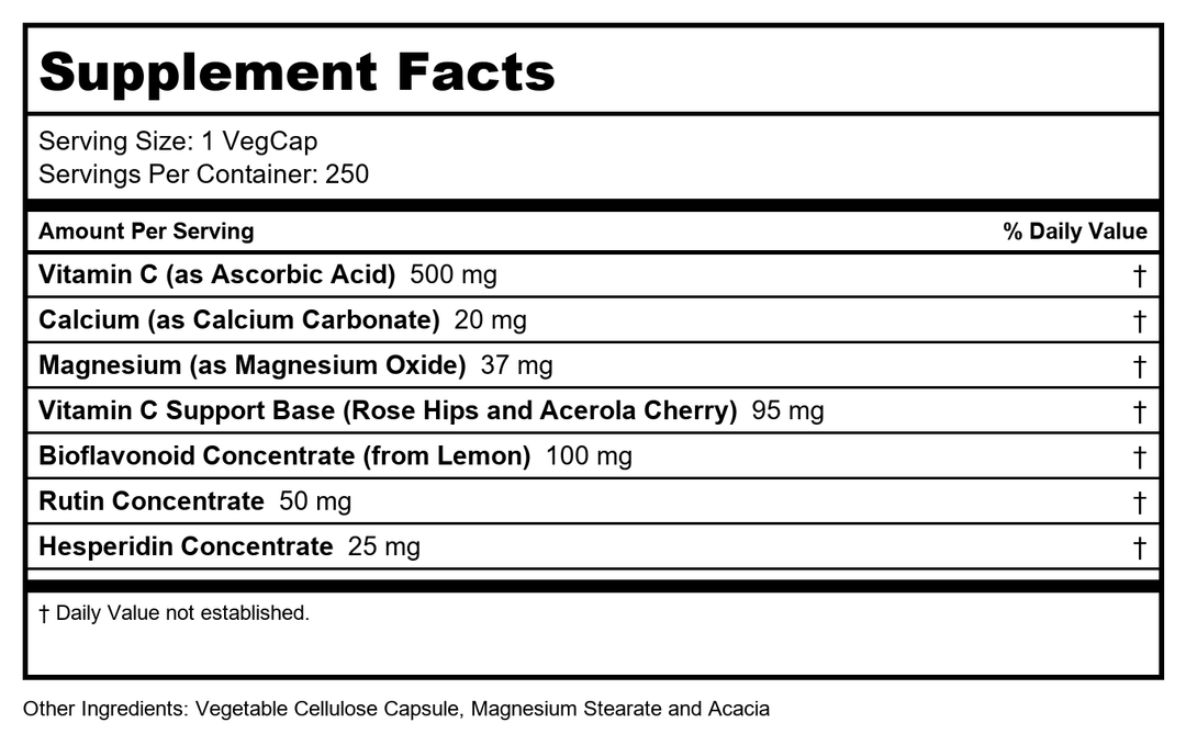 SOLARAY Vitamin C w/Bioflavonoid Complex 500mg Buffered for Easy Digestion Healthy Immune System, Collagen Synthesis &amp; Antioxidant Support 250 VegCaps - Supplement Facts panel