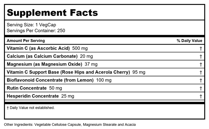 SOLARAY Vitamin C w/Bioflavonoid Complex 500mg Buffered for Easy Digestion Healthy Immune System, Collagen Synthesis &amp; Antioxidant Support 250 VegCaps - Supplement Facts panel