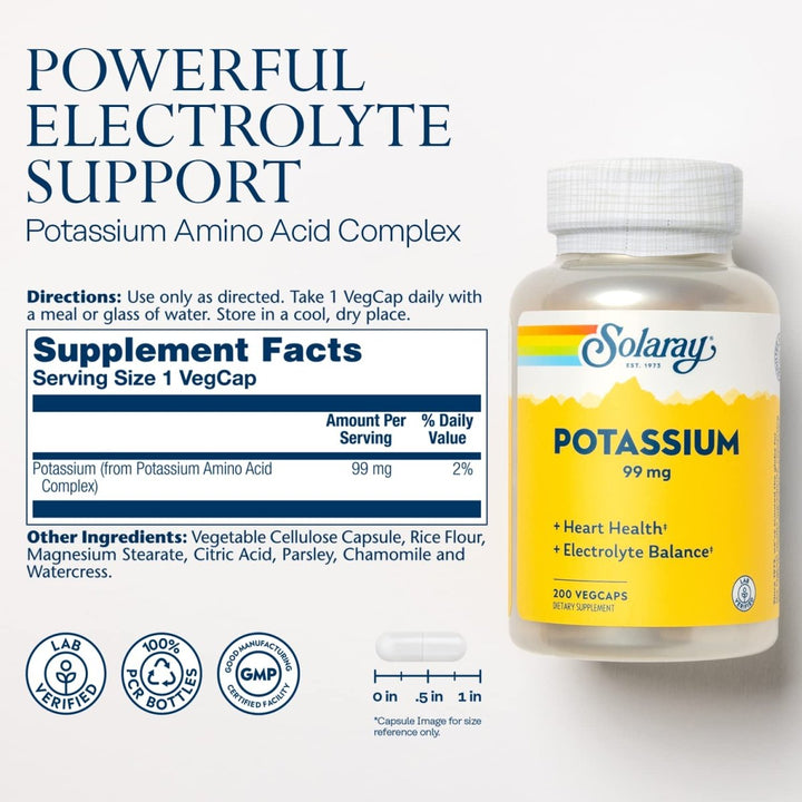 Solaray Potassium 99mg - Essential Mineral for Fluid &amp; Electrolyte Balance - Heart, Nerve &amp; Muscle Support - 200 Capsules - Supplement Facts panel