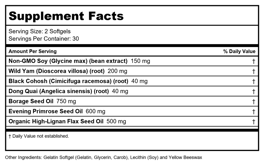 Solaray PhytoEstrogen Plus EFAs Menopause Support | Wild Yam, Black Cohosh, Evening Primrose &amp; Borage | 60ct, 30 Serv. - Supplement Facts panel