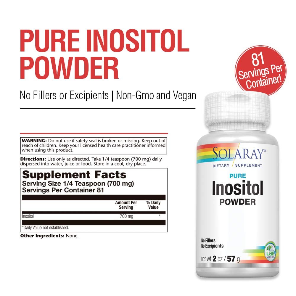 SOLARAY Pure Inositol Powder | May Help Support Healthy Brain, Cardiovascular, Nervous System Function and Mood | Non-GMO, Vegan (2oz, 81 Serv.) - Supplement Facts panel