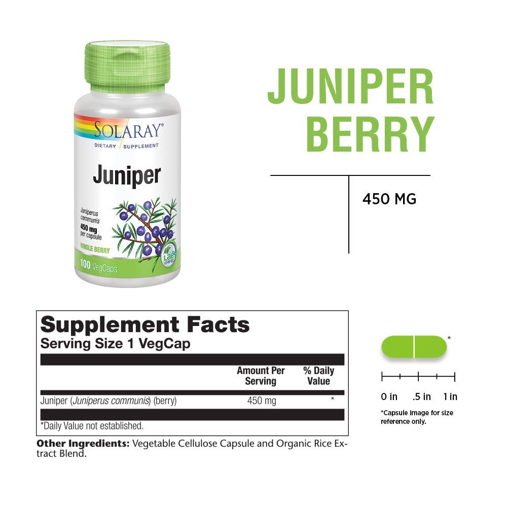 SOLARAY Juniper Berry 450 mg | Healthy Digestion, Cleansing &amp; Water Balance Support | Antioxidant Activity | 100 VegCaps - Supplement Facts panel