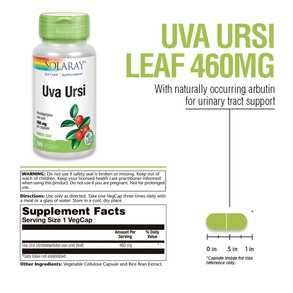 SOLARAY Uva Ursi Leaf 460 mg | Healthy Bladder, Kidney &amp; Urinary Tract Function Support | Non-GMO | 100ct (Take 3 Daily) - Supplement Facts panel