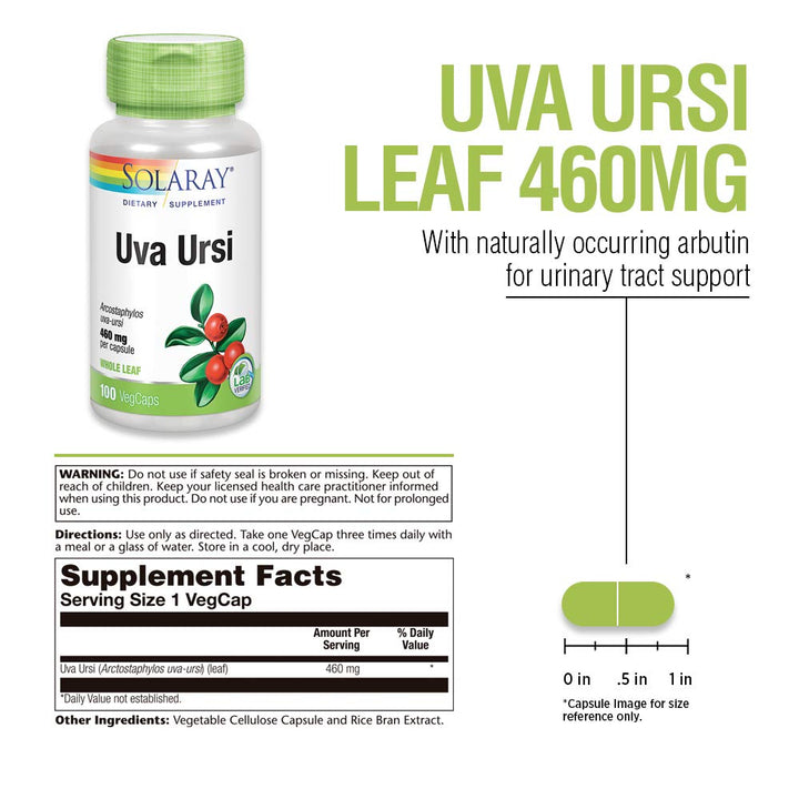 SOLARAY Uva Ursi Leaf 460 mg | Healthy Bladder, Kidney &amp; Urinary Tract Function Support | Non-GMO | 100ct (Take 3 Daily) - Supplement Facts panel