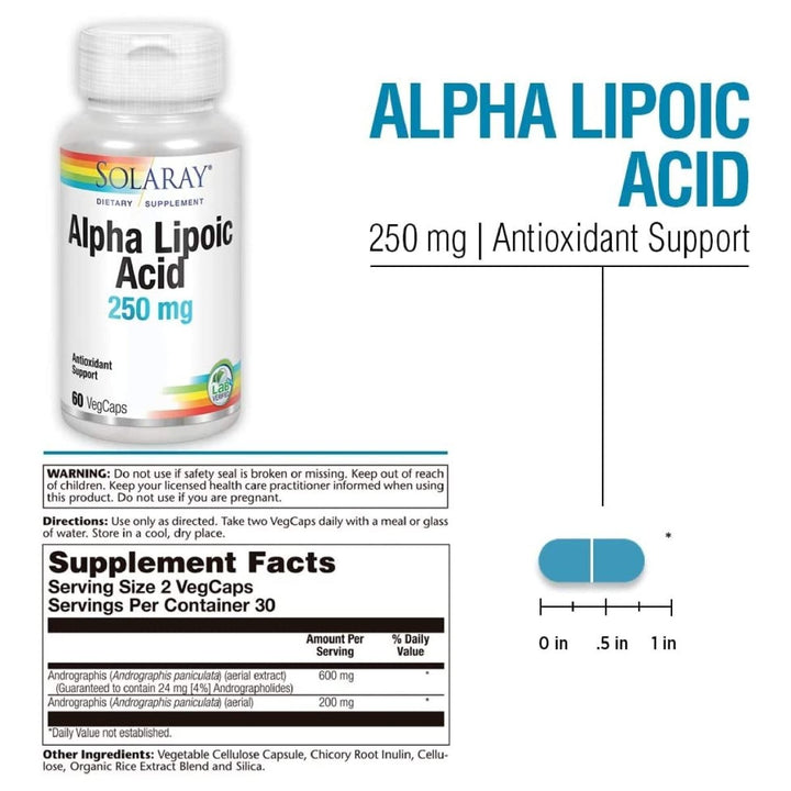SOLARAY Alpha Lipoic Acid 250 mg - 60 VegCaps - Healthy Antioxidant Activity &amp; Energy Support - Non-GMO &amp; Vegan - Supplement Facts panel