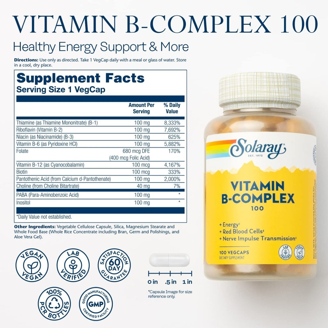 SOLARAY Vitamin B-Complex 100 mg - Vital Support for Energy, Blood Cells &amp; Nerves - 100 VegCaps (100 Count) - Supplement Facts panel
