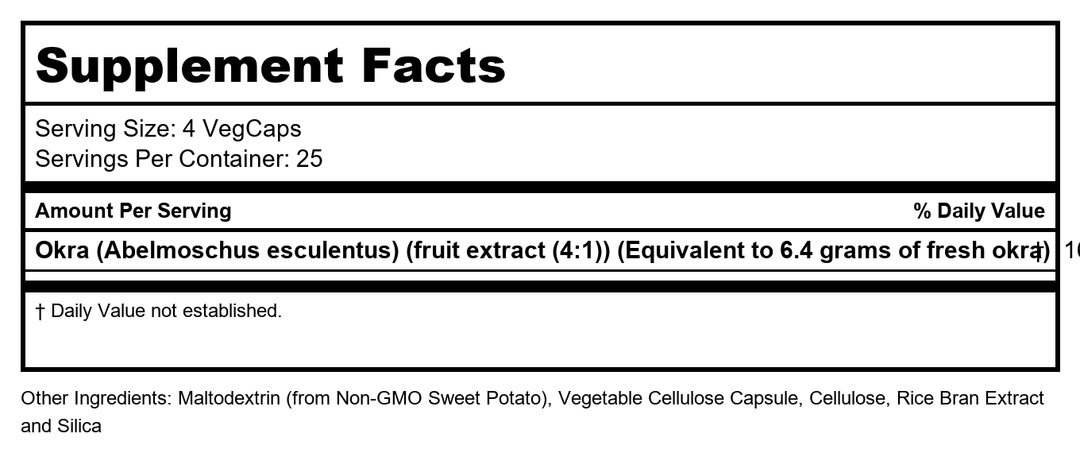 Solaray Okra Fruit 400mg Healthy Digestion &amp; Cardiovascular Function Soluble Fiber Including Gums &amp; Pectins Non-GMO &amp; Vegan 100 VegCaps - Supplement Facts panel