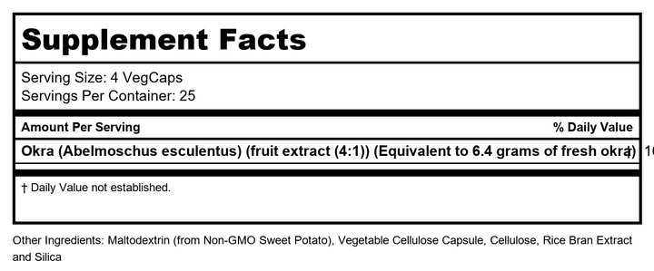 Solaray Okra Fruit 400mg Healthy Digestion &amp; Cardiovascular Function Soluble Fiber Including Gums &amp; Pectins Non-GMO &amp; Vegan 100 VegCaps - Supplement Facts panel
