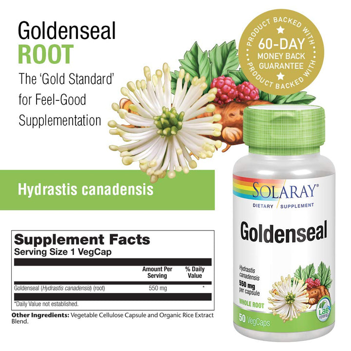 SOLARAY Goldenseal Root 550mg | Healthy Digestion, Immune Function &amp; Respiratory Support | Whole Root | Non-GMO, Vegan &amp; Lab Verified | 50 VegCaps - Supplement Facts panel