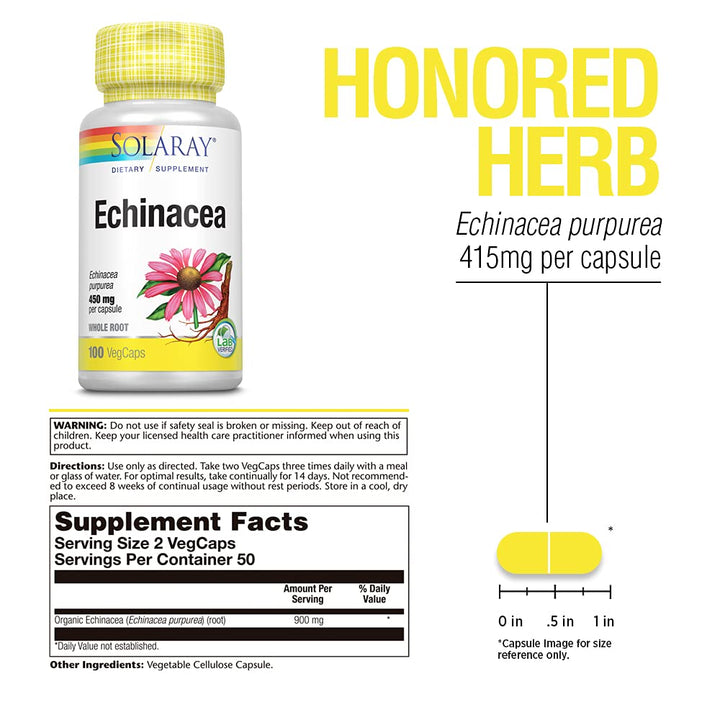 SOLARAY Echinacea Root Capsules - Healthy Immune Function and Respiratory Support - Non-GMO, Vegan - 100ct, 50 Servings - Supplement Facts panel