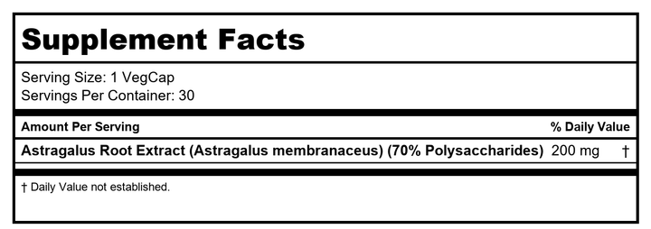 SOLARAY Astragalus Root Extract 200 mg | Adaptogenic &amp; Healthy Immune Function &amp; Stress Support | Non-GMO | 30 VegCaps - Supplement Facts panel