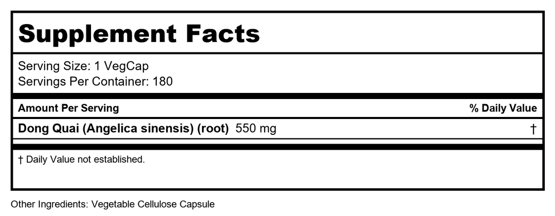Solaray Dong Quai Root 550mg - 180 Vegan Capsules   01236 - Supplement Facts panel