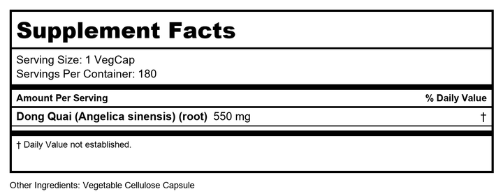 Solaray Dong Quai Root 550mg - 180 Vegan Capsules   01236 - Supplement Facts panel