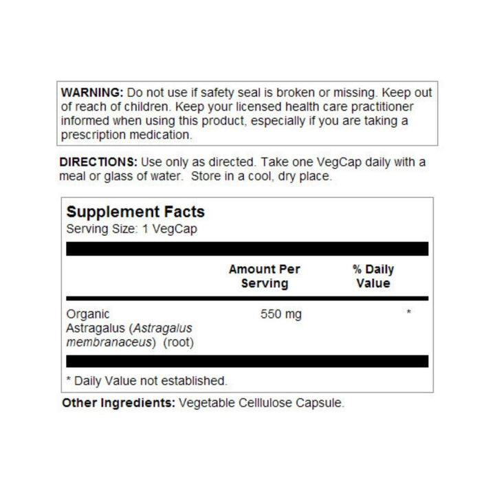 SOLARAY Astragalus Root 550mg | Healthy Immune Function &amp; Stress Support | Adaptogen Herb | Non-GMO &amp; Vegan | 100 VegCaps - Supplement Facts panel