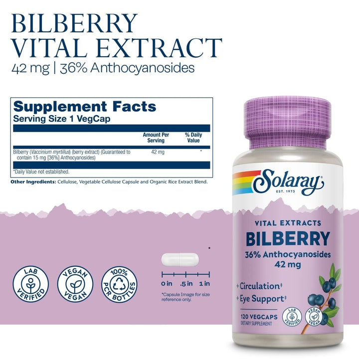 SOLARAY Bilberry Berry Extract - Eye Health &amp; Circulation Support - 120 VegCaps - Supplement Facts panel