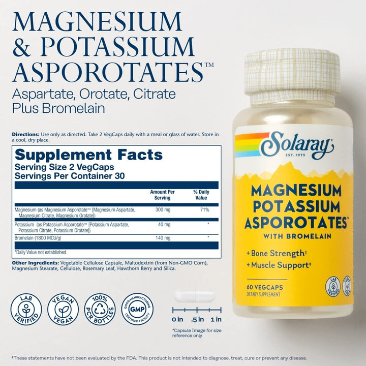 Solaray Magnesium and Potassium Asporotates w/Bromelain, Healthy Electrolyte, Muscle, Heart &amp; Cellular Support, 60 VegCaps - Supplement Facts panel
