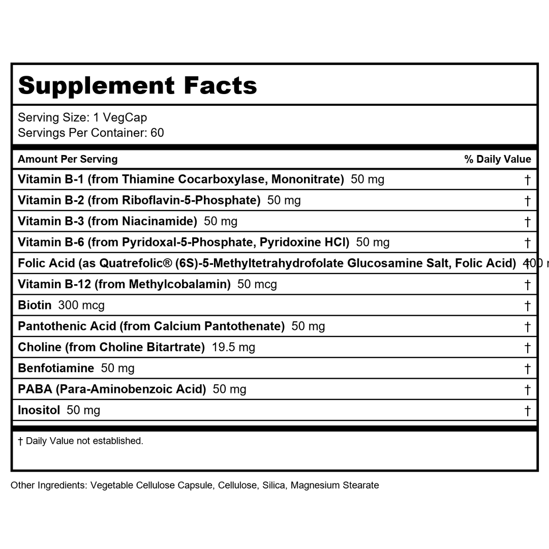 SOLARAY Methyl B-Complex 50mg | Methylated Forms of Folate &amp; B-12 | Healthy Hair &amp; Skin, Nerves, Immune Function &amp; Metabolism Support | 60 VegCaps - Supplement Facts panel