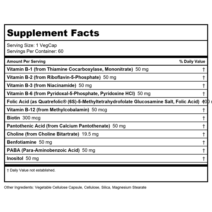 SOLARAY Methyl B-Complex 50mg | Methylated Forms of Folate &amp; B-12 | Healthy Hair &amp; Skin, Nerves, Immune Function &amp; Metabolism Support | 60 VegCaps - Supplement Facts panel