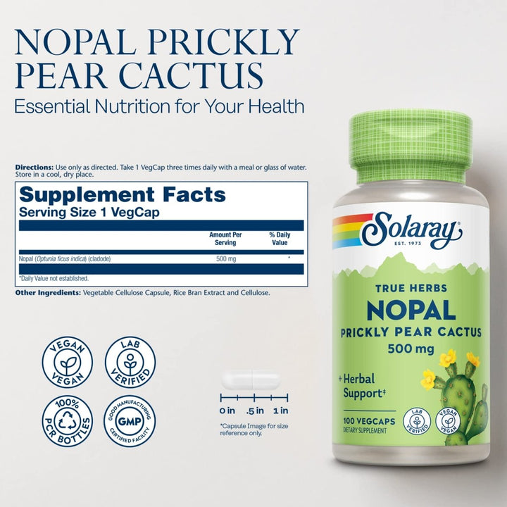 Solaray Nopal Prickly Pear Cactus 500 mg, with Naturally Occurring Dietary Fiber, Antioxidants, Carotenoids and Other Nutrients, Vegan, 60 Day Money Back Guarantee, 100 Servings, 100 VegCaps - Supplement Facts panel