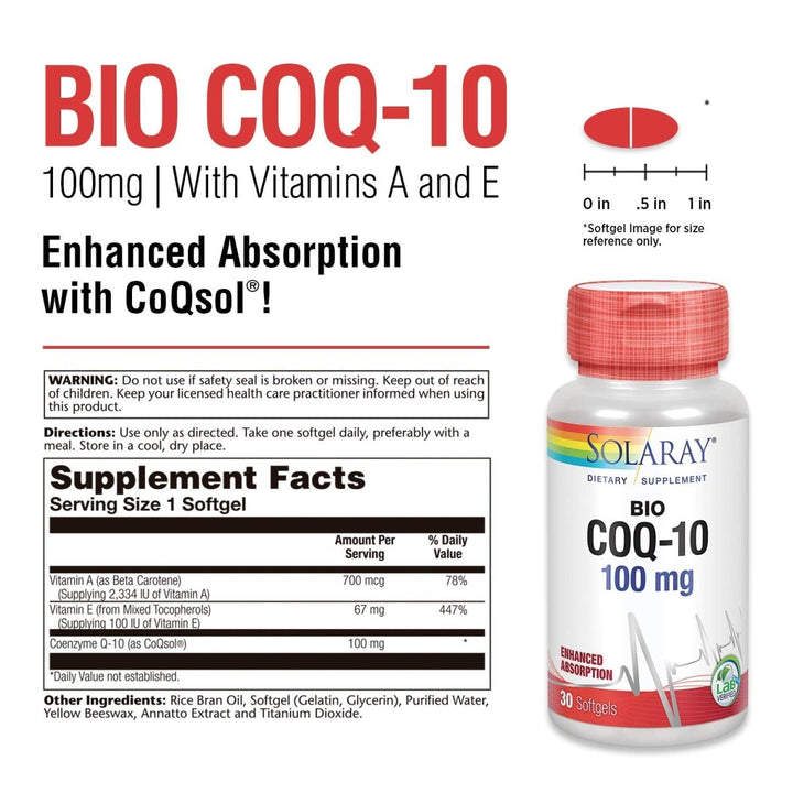 SOLARAY Bio CoQ-10 100 mg | Enhanced Absorption | Vitamins A &amp; E | Healthy Heart &amp; Cellular Energy Support (30 CT) - Supplement Facts panel