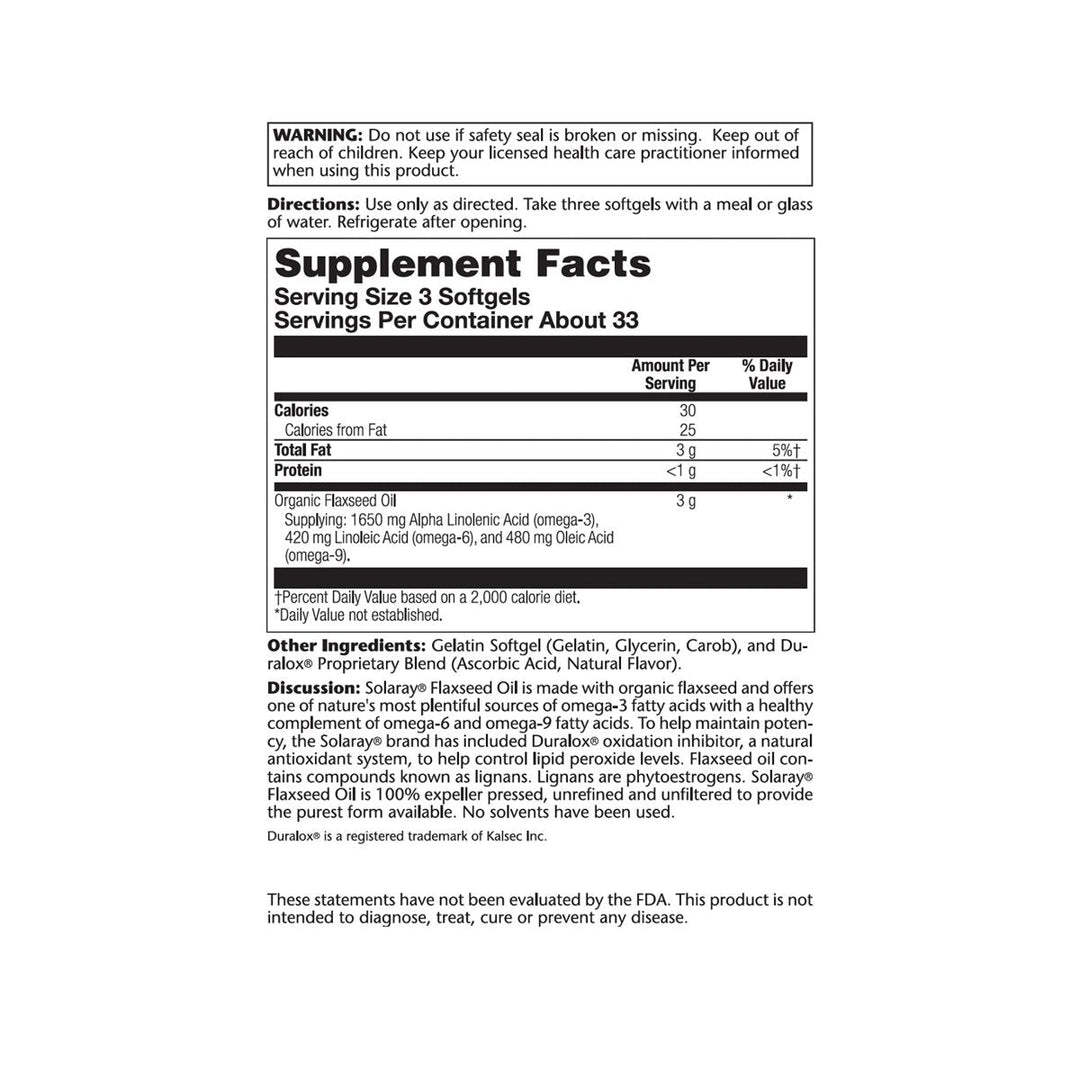 SOLARAY Flaxseed Oil, Softgel (Btl-Plastic) 1000mg 100ct - Supplement Facts panel