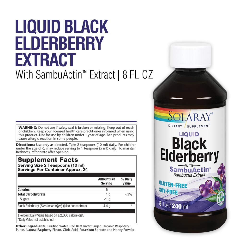 SOLARAY Liquid Black Elderberry Extract | Delicious, Healthy Immune System &amp; Antioxidant Support | 24 Servings | 8 fl oz - Supplement Facts panel